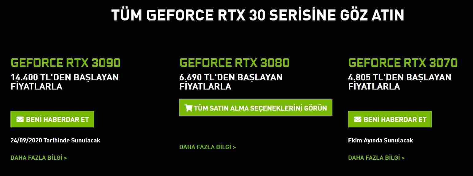 Nvidia GeForce RTX 30 serisi Türkiye fiyatı