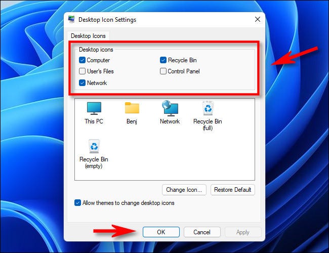 How to change which desktop icons appear on Windows 11?