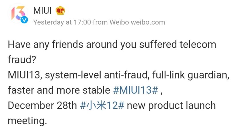 MIUI 13, 28 Aralık'ta Xiaomi 12 ile tanıtılıyor