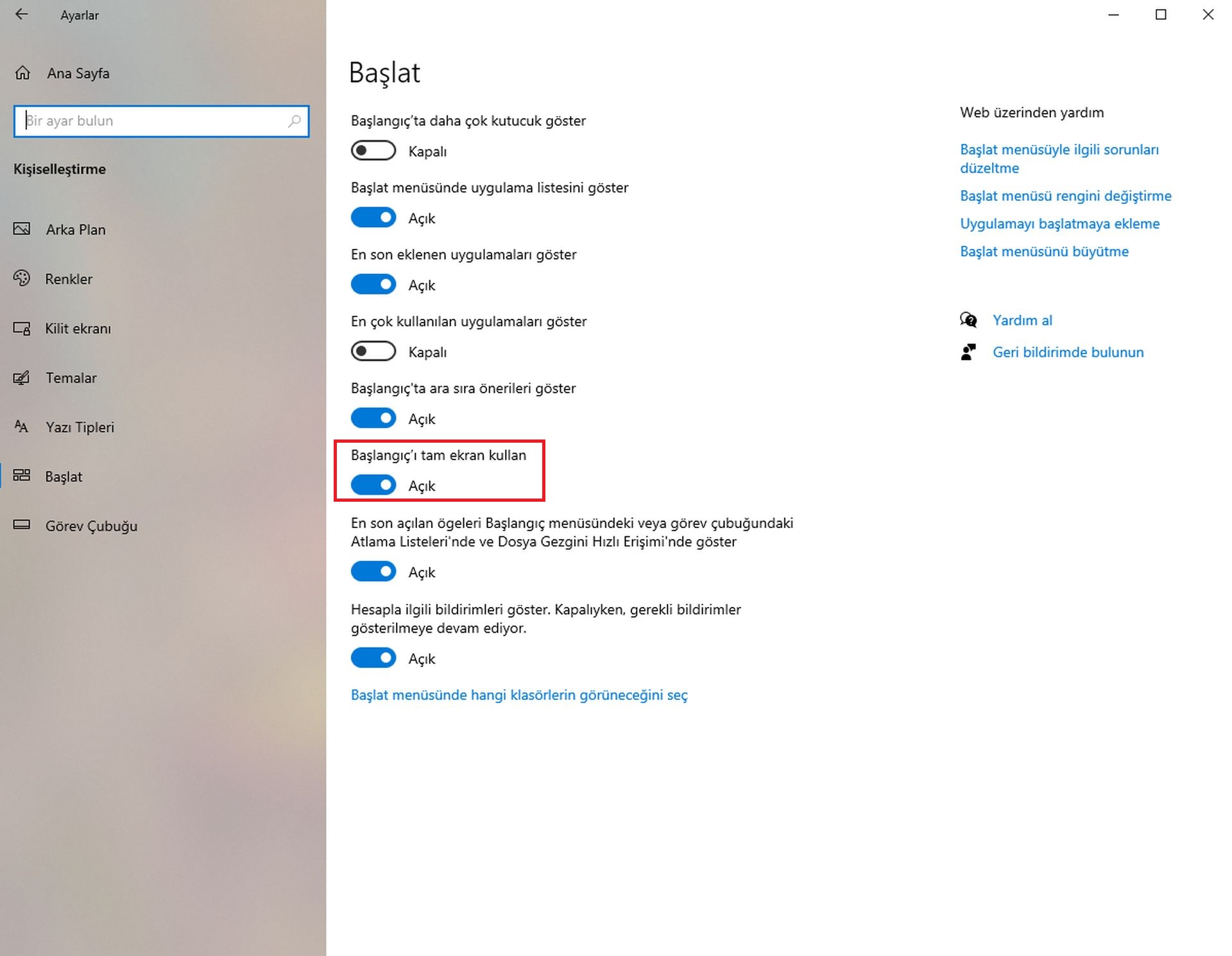 Windows 10 başlangıç menüsü tam ekran sorunu çözümü